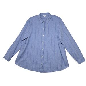 J. Jill Top Women's Large Blue Linen Blend Button‎ Up Striped Classic
